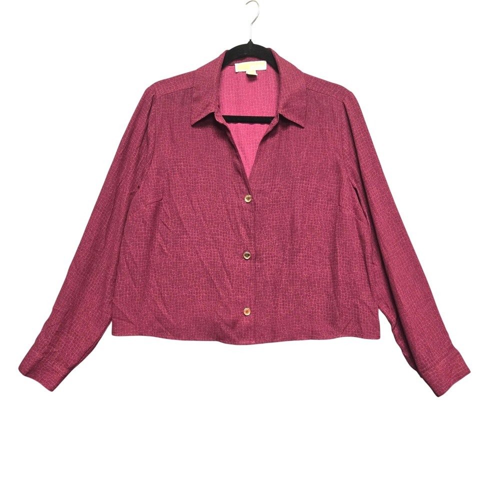 Michael Kors Blouse Snakeskin Print L Dark Berry Long Sleeve Collared Top